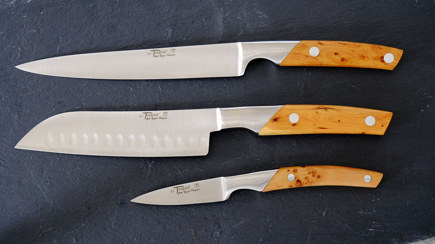 Küchenmesserset, 3 Messer Thiers Goyon-Chazeau, Wacholdergriff