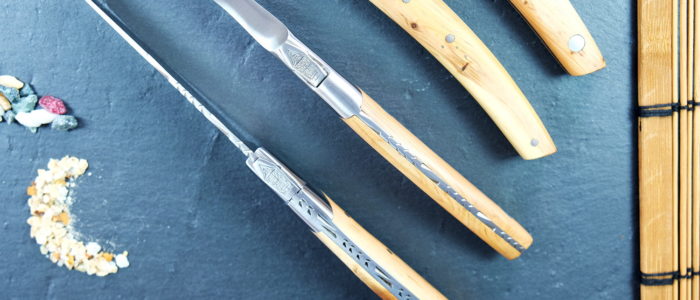GOYON-CHAZEAU, Steakmesserset und Gabeln 4-teilig Thiers Prestige Pirou, Wacholder, brosse